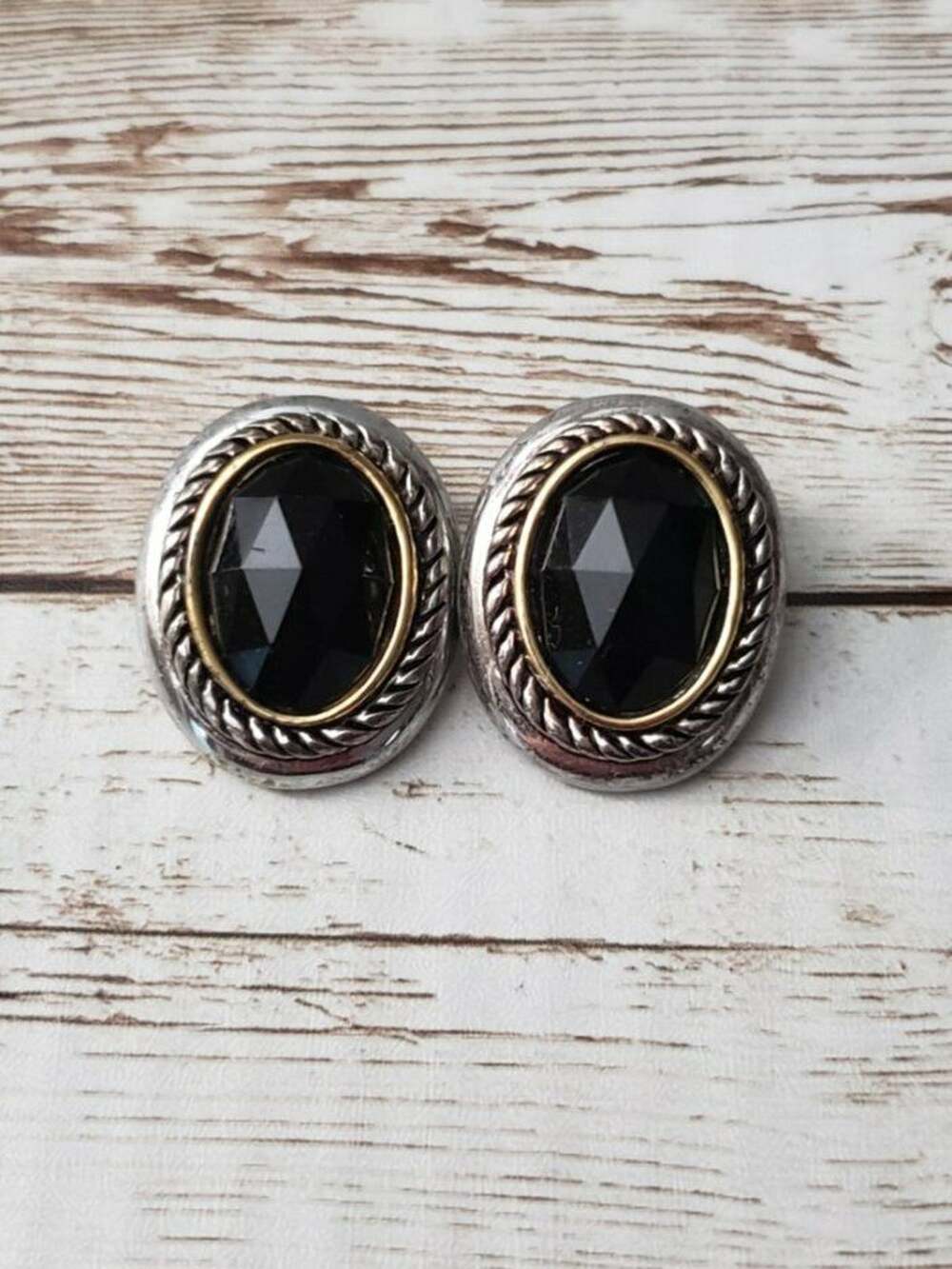 Vintage Clip On Earrings Black Center Oval Fancy Two Tone Halo
